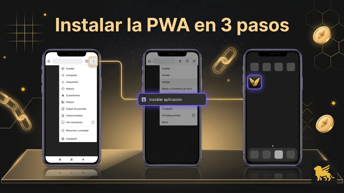 Tres pantallas con los pasos para instalar la PWA de Fairspin en Android o iPhone